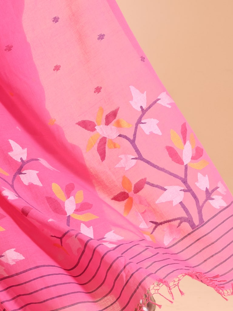 Handloom Malmal Cotton Handwoven Jamdani Saree - Fuchsia - Thumbnail 5