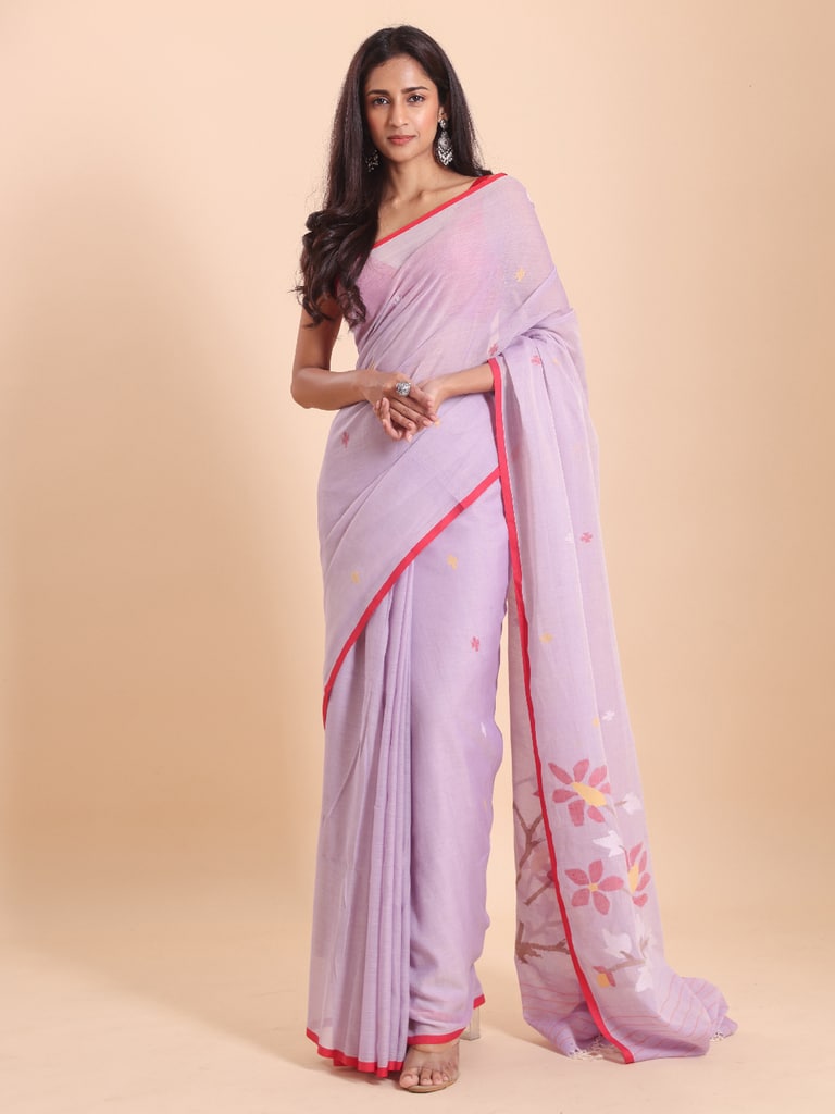 Handloom Malmal Cotton Handwoven Jamdani Saree - Mauve