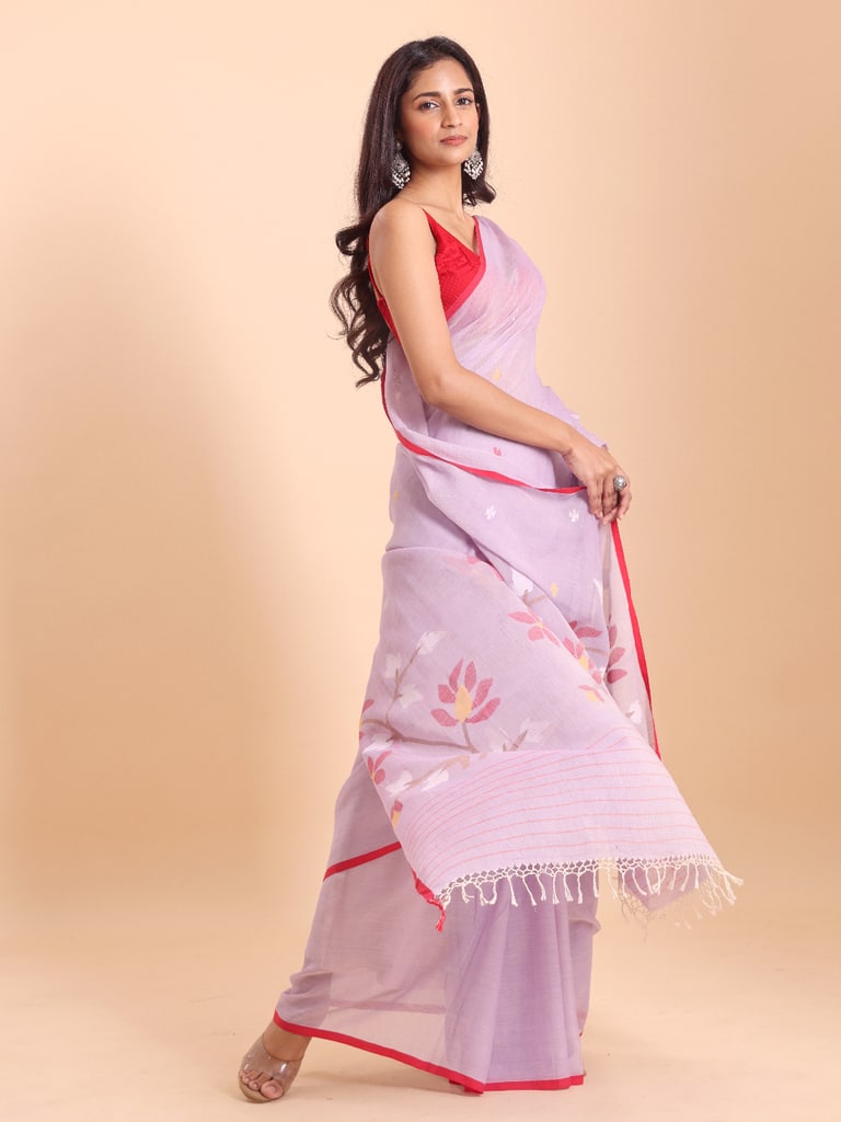 Handloom Malmal Cotton Handwoven Jamdani Saree - Mauve - Thumbnail 2