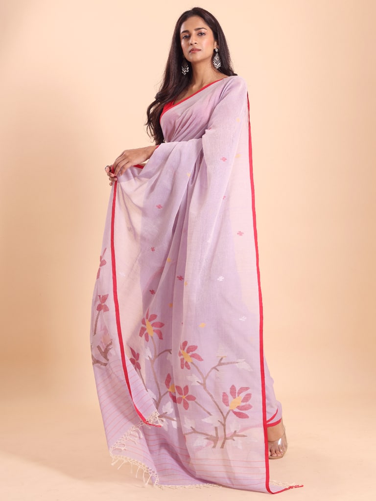 Handloom Malmal Cotton Handwoven Jamdani Saree - Mauve - Thumbnail 3