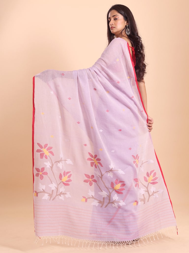 Handloom Malmal Cotton Handwoven Jamdani Saree - Mauve - Thumbnail 4