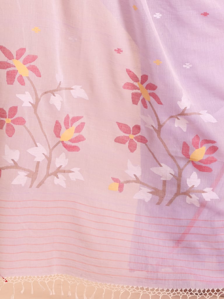 Handloom Malmal Cotton Handwoven Jamdani Saree - Mauve - Thumbnail 5