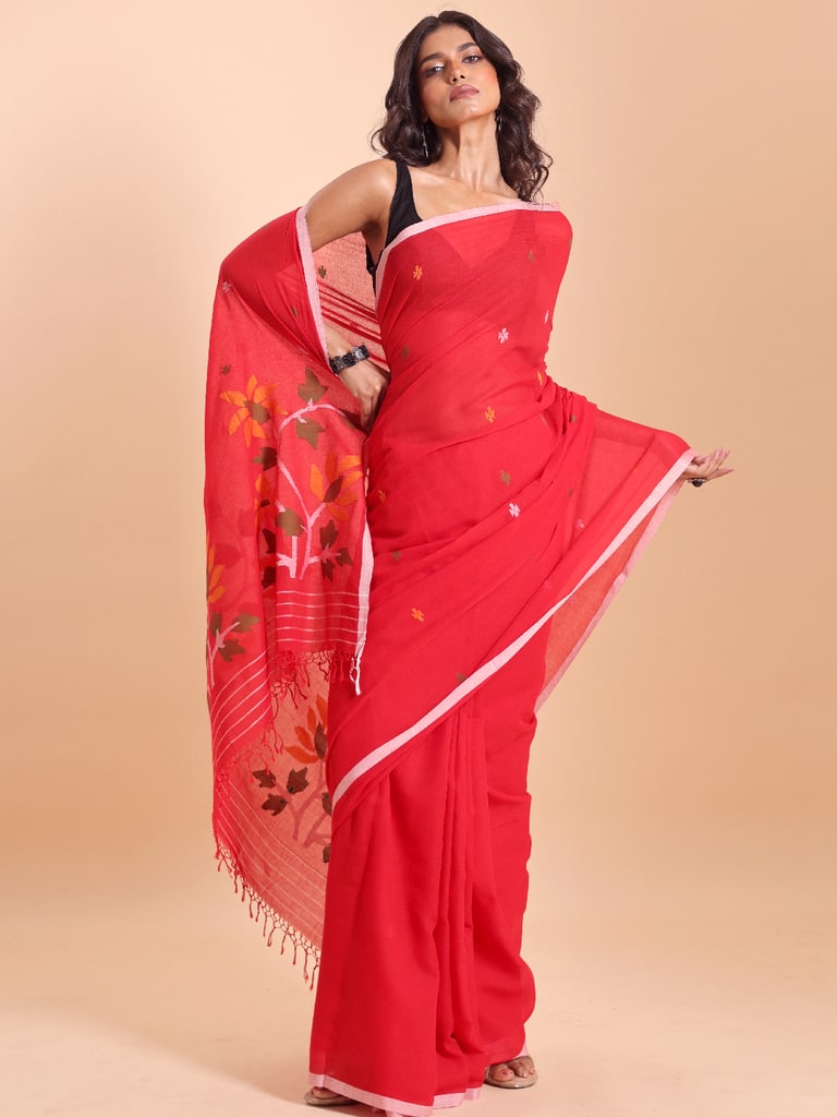 Handloom Malmal Cotton Handwoven Jamdani Saree - Red - View 1