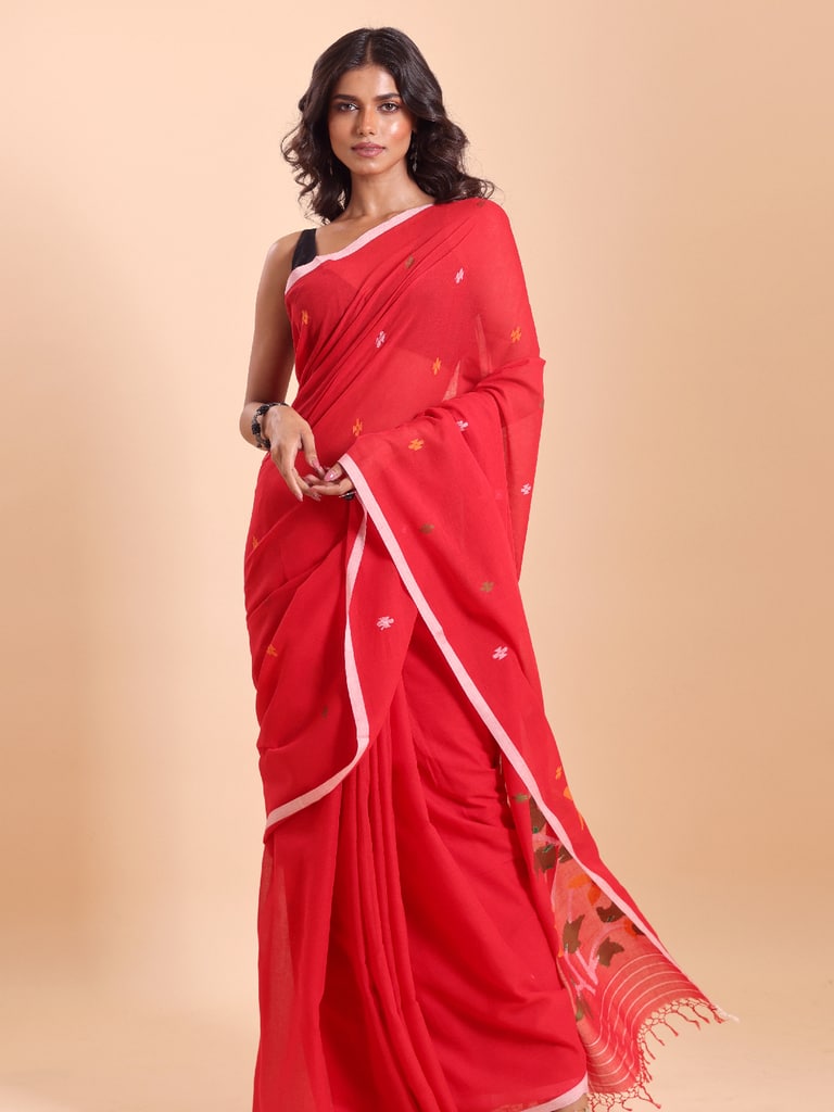 Handloom Malmal Cotton Handwoven Jamdani Saree - Red - Thumbnail 3