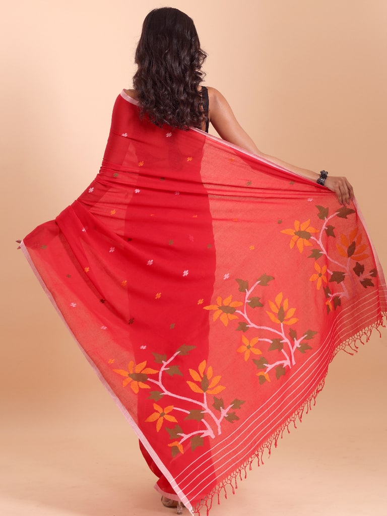 Handloom Malmal Cotton Handwoven Jamdani Saree - Red - Thumbnail 4