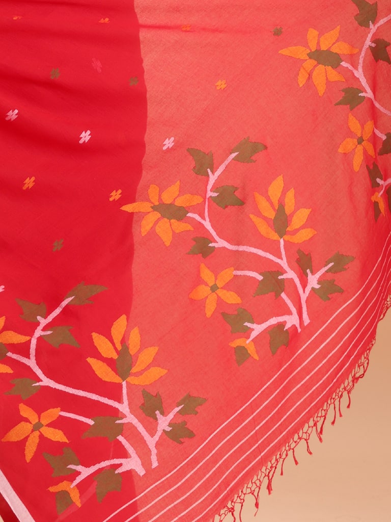 Handloom Malmal Cotton Handwoven Jamdani Saree - Red - Thumbnail 5