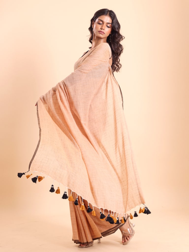 Handloom Malmal Cotton Tie-Dye Saree - Apricot - Thumbnail 2