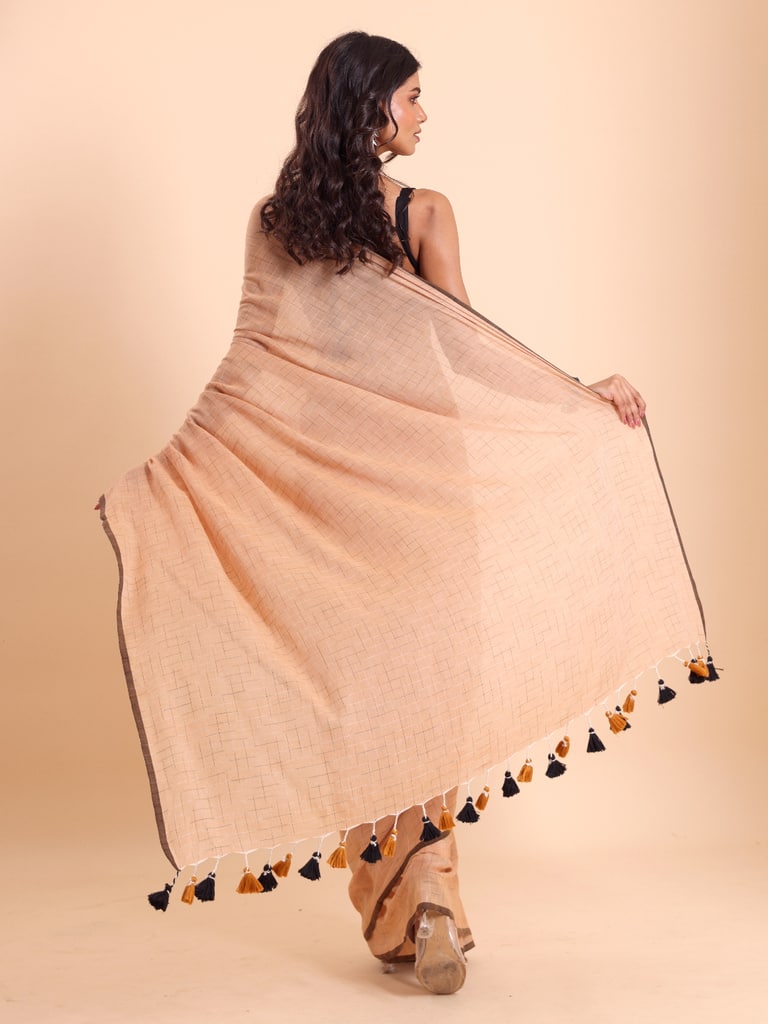 Handloom Malmal Cotton Tie-Dye Saree - Apricot - Thumbnail 4