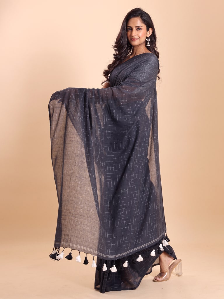 Handloom Malmal Cotton Tie-Dye Saree - Charcoal - Thumbnail 2