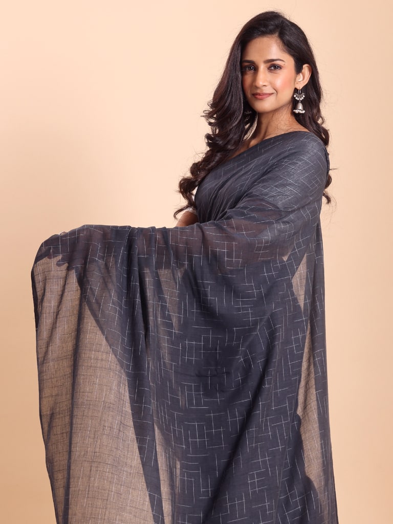 Handloom Malmal Cotton Tie-Dye Saree - Charcoal - Thumbnail 3