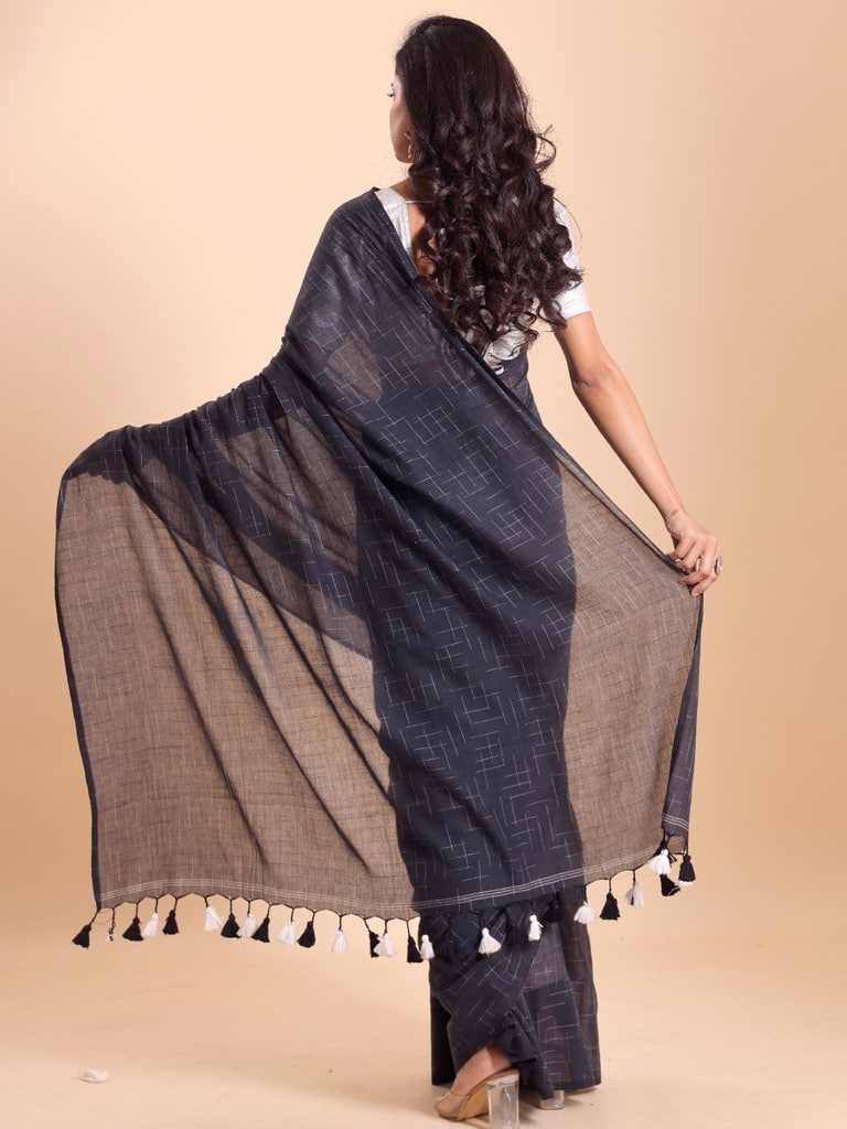 Handloom Malmal Cotton Tie-Dye Saree - Charcoal - Thumbnail 4