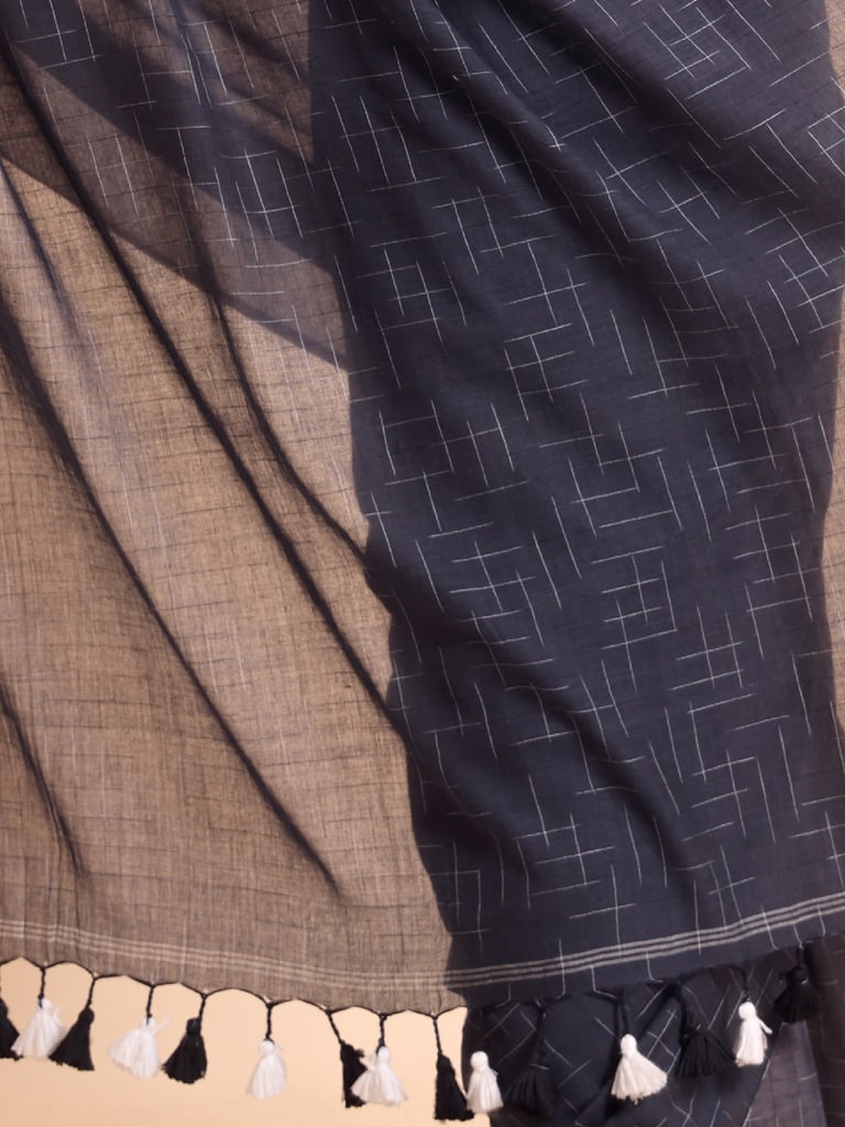 Handloom Malmal Cotton Tie-Dye Saree - Charcoal - Thumbnail 5