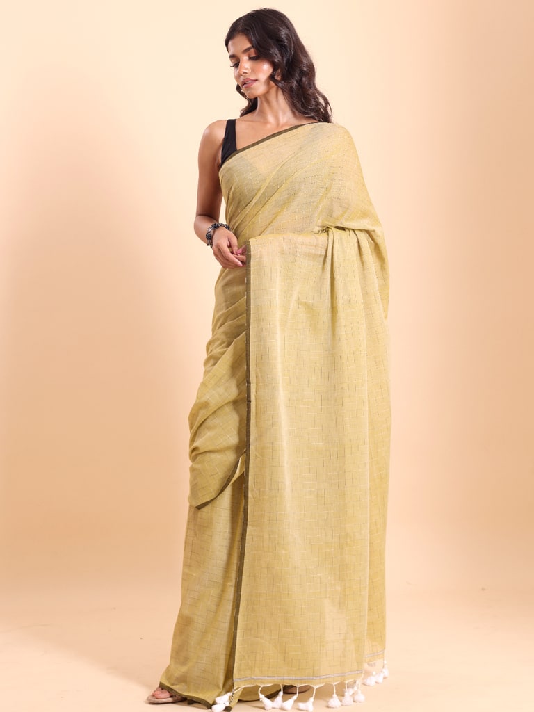 Handloom Malmal Cotton Tie-Dye Saree - Italian Straw