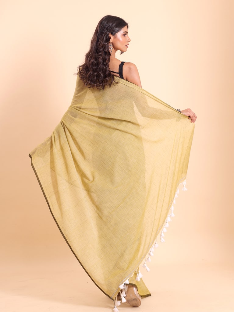 Handloom Malmal Cotton Tie-Dye Saree - Italian Straw - Thumbnail 2