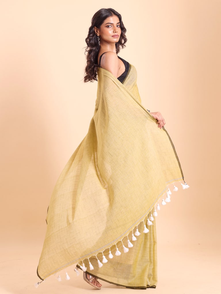 Handloom Malmal Cotton Tie-Dye Saree - Italian Straw - Thumbnail 3