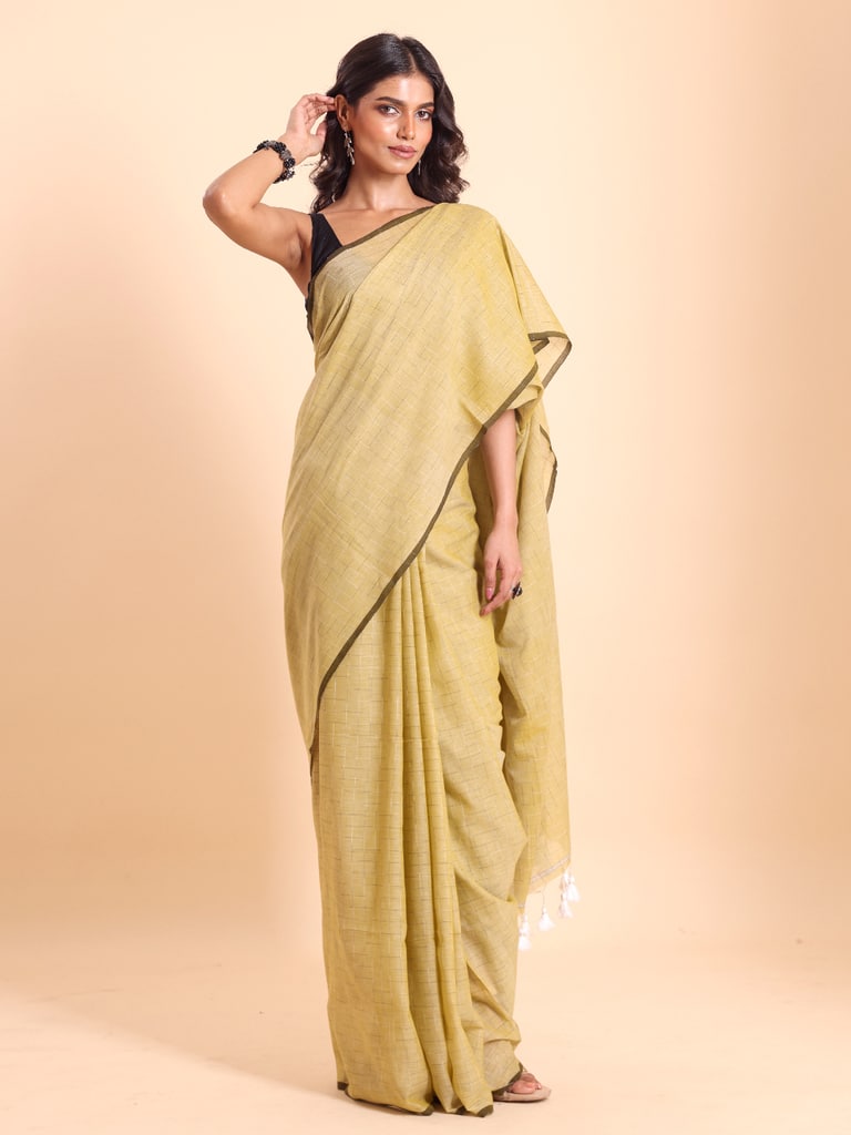 Handloom Malmal Cotton Tie-Dye Saree - Italian Straw - Thumbnail 4
