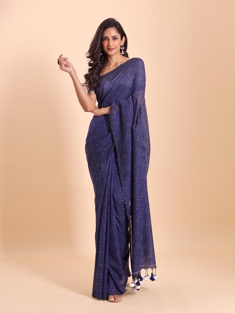 Handloom Malmal Cotton Tie-Dye Saree - Navy - Thumbnail 2
