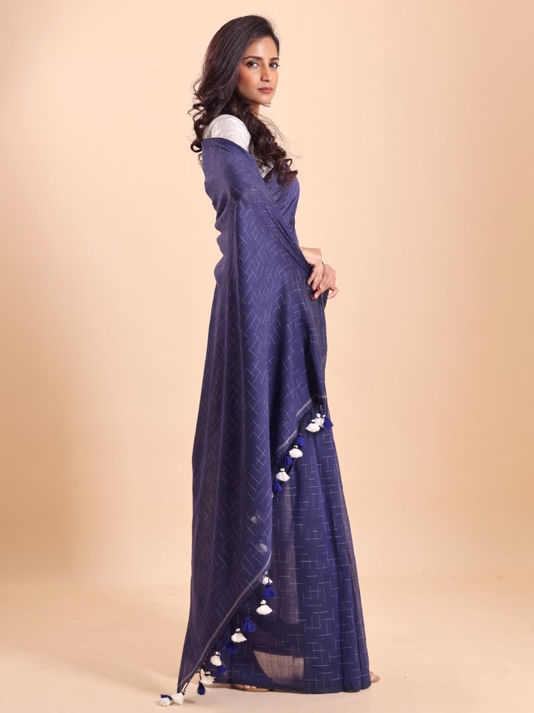 Handloom Malmal Cotton Tie-Dye Saree - Navy - Thumbnail 3