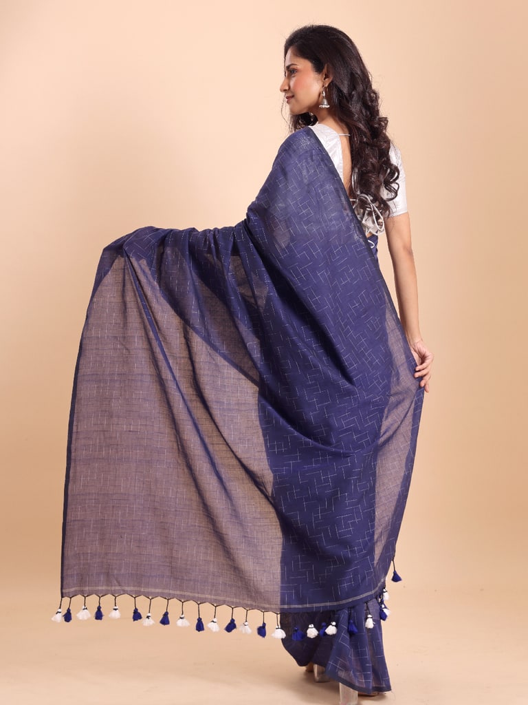 Handloom Malmal Cotton Tie-Dye Saree - Navy - Thumbnail 4
