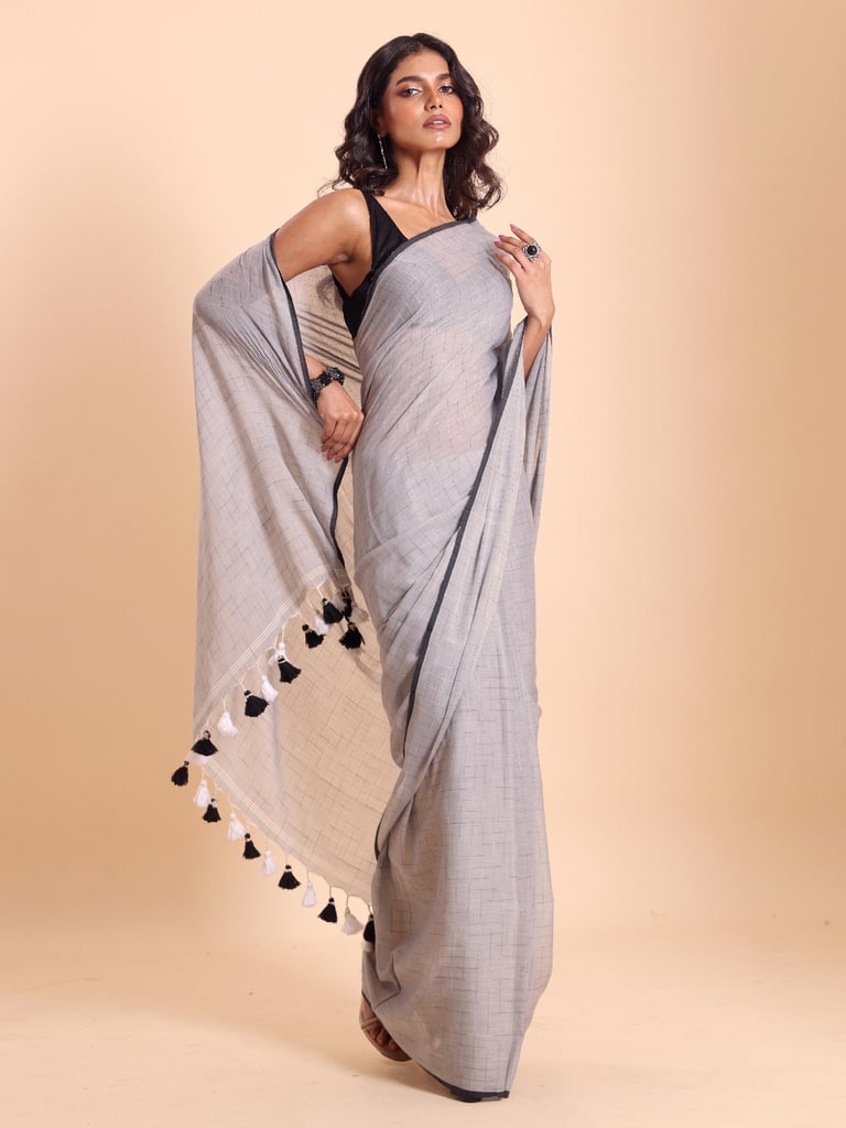 Handloom Malmal Cotton Tie-Dye Saree - Steel Grey - Thumbnail 2