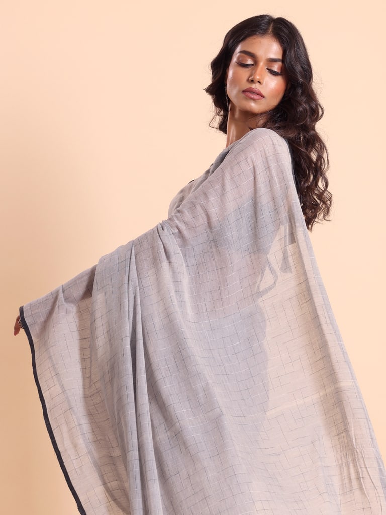 Handloom Malmal Cotton Tie-Dye Saree - Steel Grey - Thumbnail 3