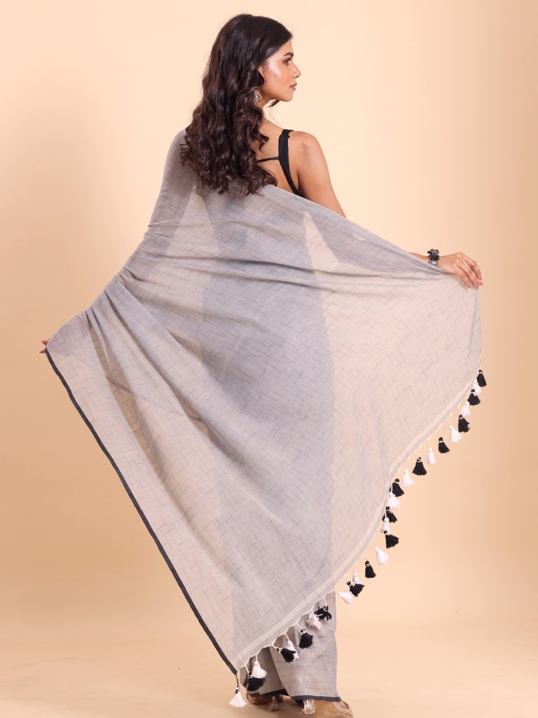 Handloom Malmal Cotton Tie-Dye Saree - Steel Grey - Thumbnail 4