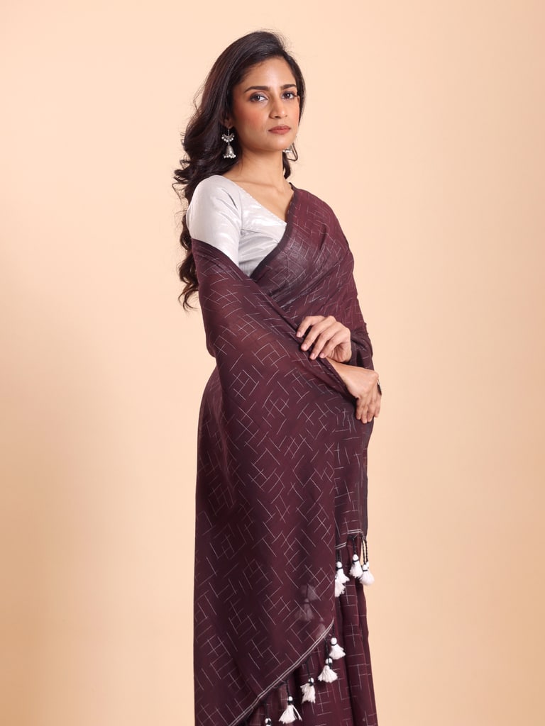 Handloom Malmal Cotton Tie-Dye Saree - Wine - View 1