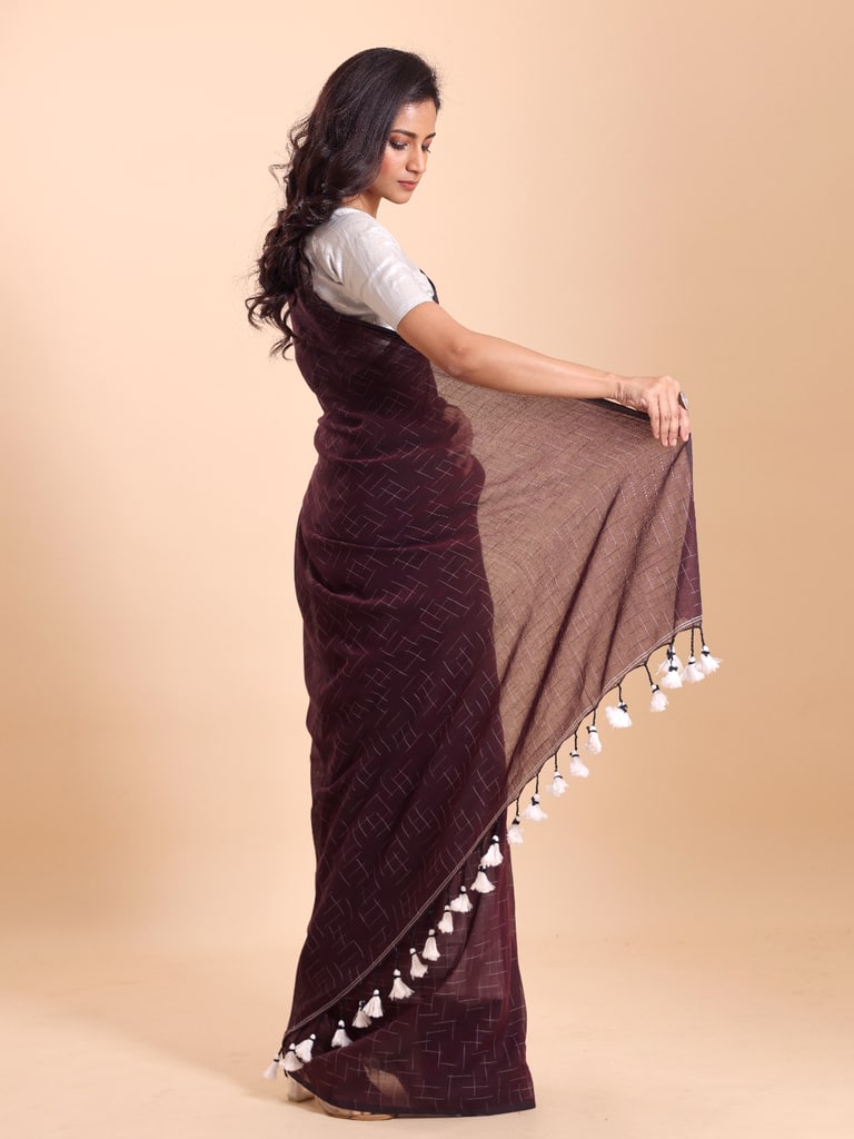 Handloom Malmal Cotton Tie-Dye Saree - Wine - View 2