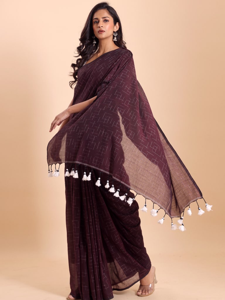 Handloom Malmal Cotton Tie-Dye Saree - Wine - Thumbnail 3