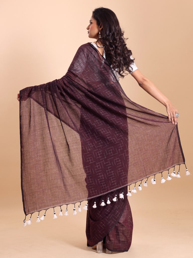 Handloom Malmal Cotton Tie-Dye Saree - Wine - Thumbnail 4