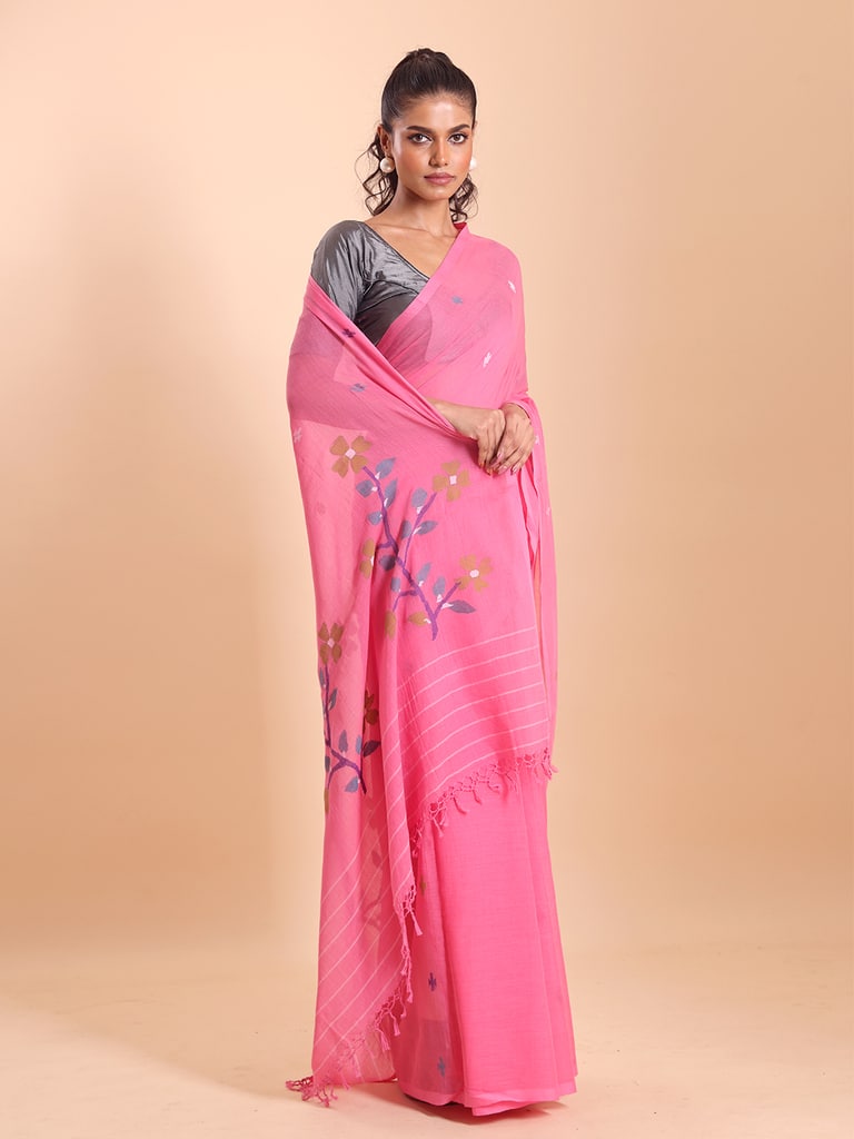 Handloom Malmal Cotton Handwoven Jamdani Saree - Fuchsia - View 1