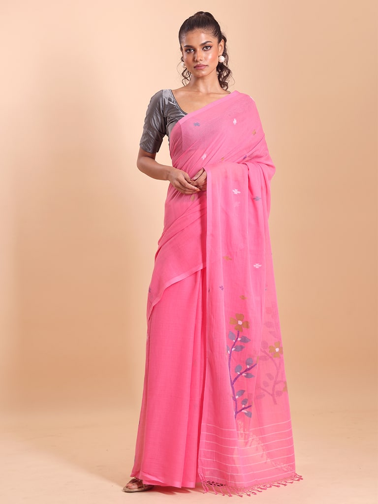 Handloom Malmal Cotton Handwoven Jamdani Saree - Fuchsia - View 2