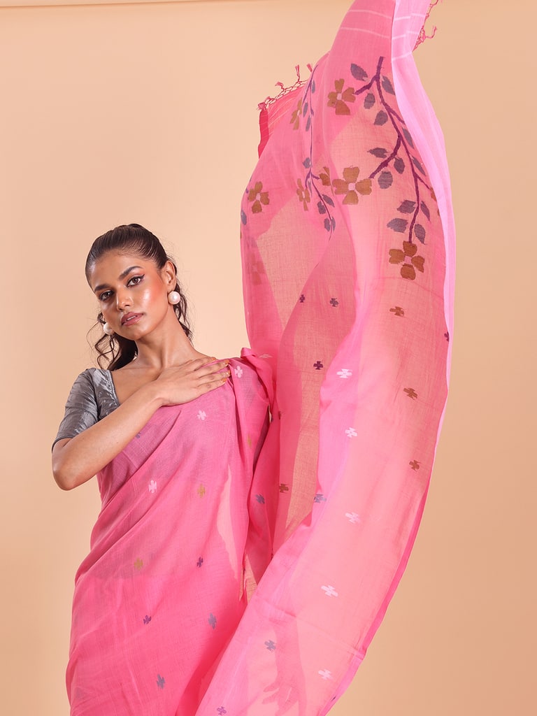 Handloom Malmal Cotton Handwoven Jamdani Saree - Fuchsia - Thumbnail 3