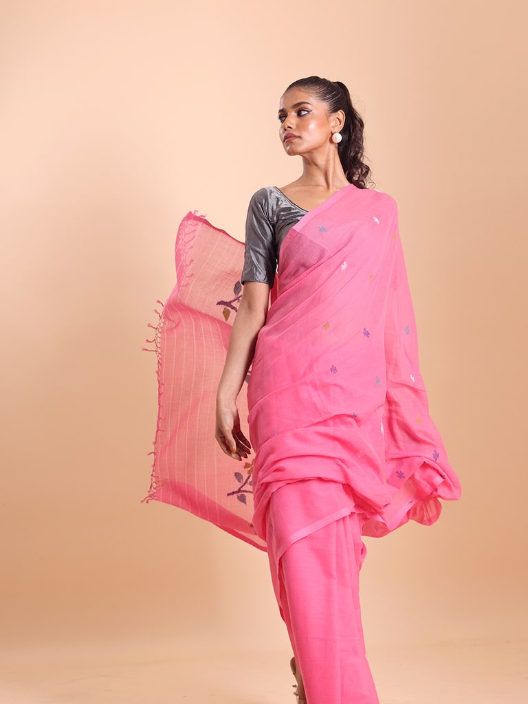 Handloom Malmal Cotton Handwoven Jamdani Saree - Fuchsia - Thumbnail 4