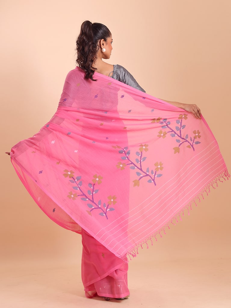 Handloom Malmal Cotton Handwoven Jamdani Saree - Fuchsia - Thumbnail 5