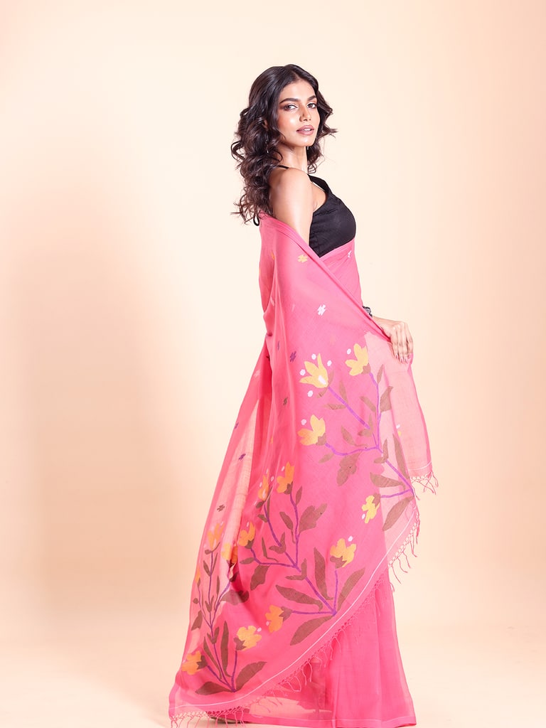 Handloom Malmal Cotton Handwoven Jamdani Saree - Hot Pink - View 1