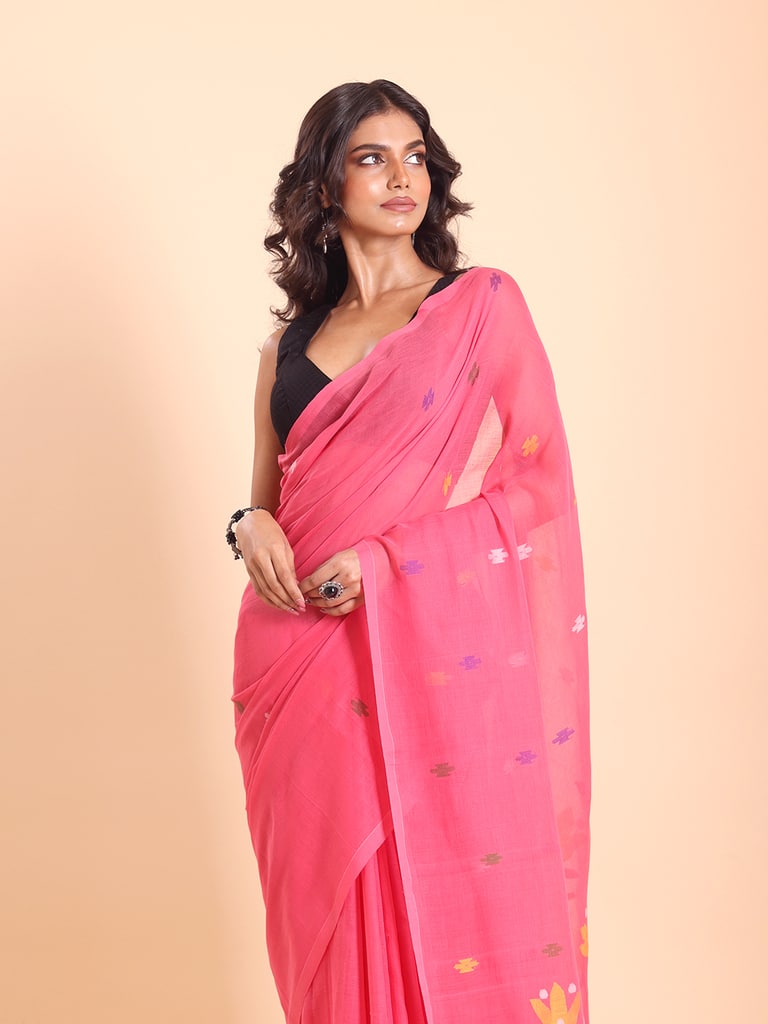 Handloom Malmal Cotton Handwoven Jamdani Saree - Hot Pink - View 2
