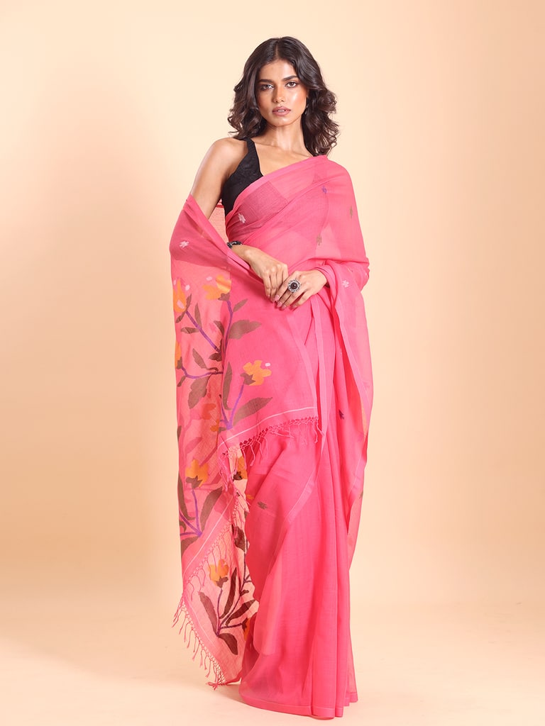 Handloom Malmal Cotton Handwoven Jamdani Saree - Hot Pink - Thumbnail 3