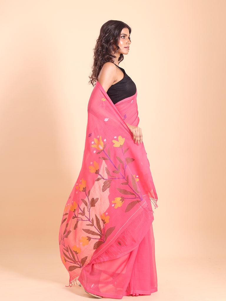 Handloom Malmal Cotton Handwoven Jamdani Saree - Hot Pink - Thumbnail 4