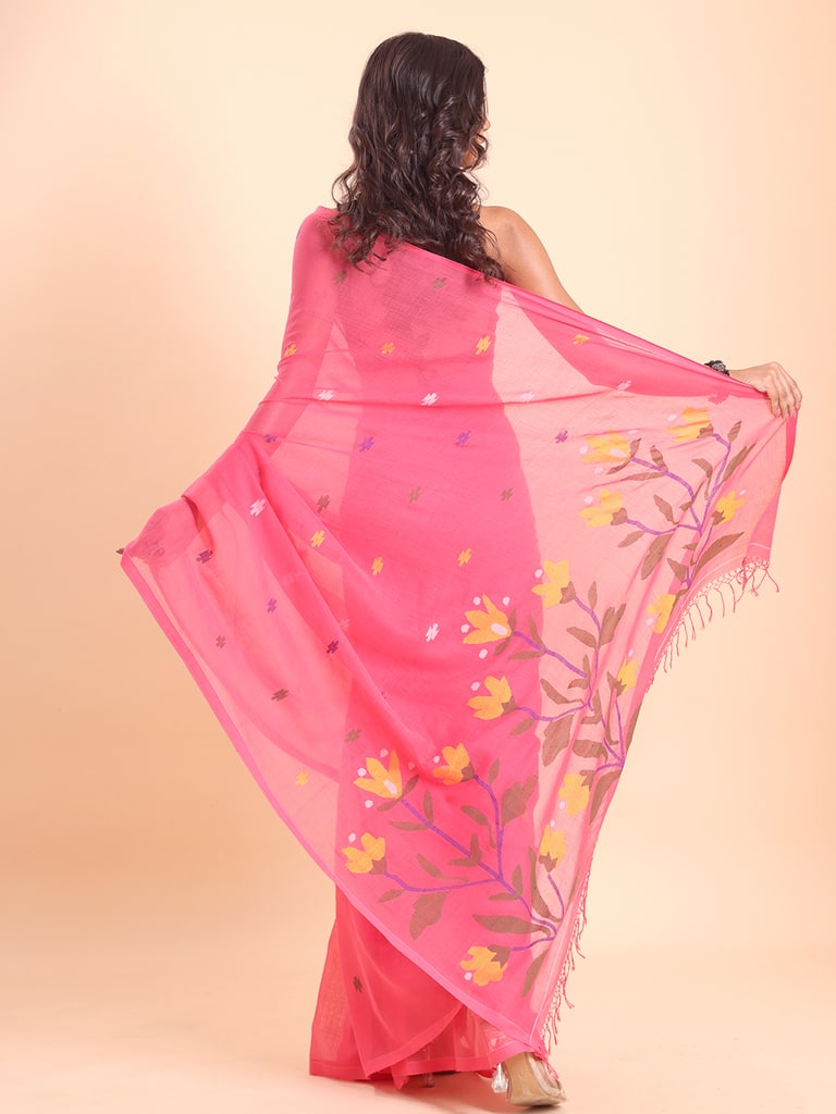 Handloom Malmal Cotton Handwoven Jamdani Saree - Hot Pink - Thumbnail 5