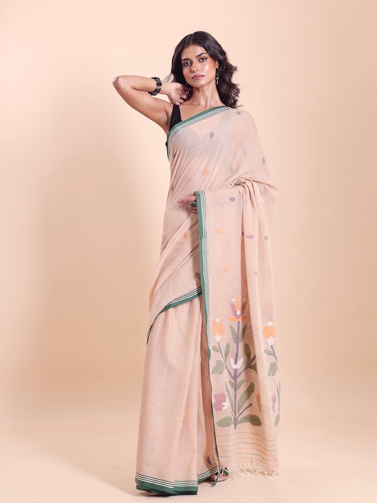 Handloom Malmal Cotton Handwoven Jamdani Saree - Peanut - View 1