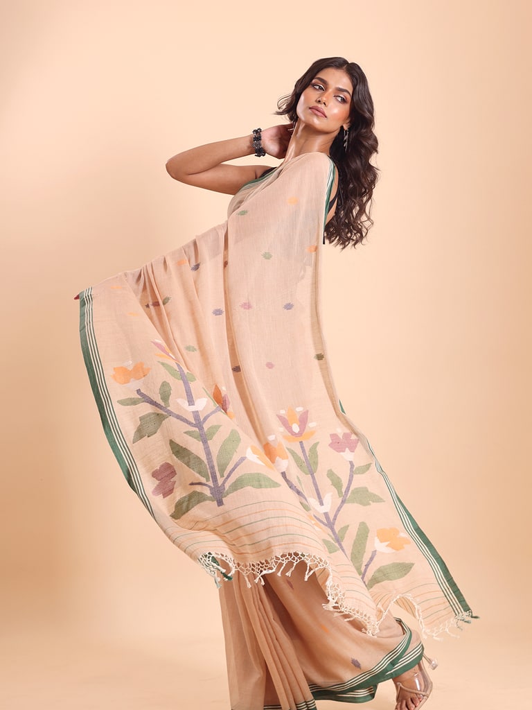 Handloom Malmal Cotton Handwoven Jamdani Saree - Peanut - View 2