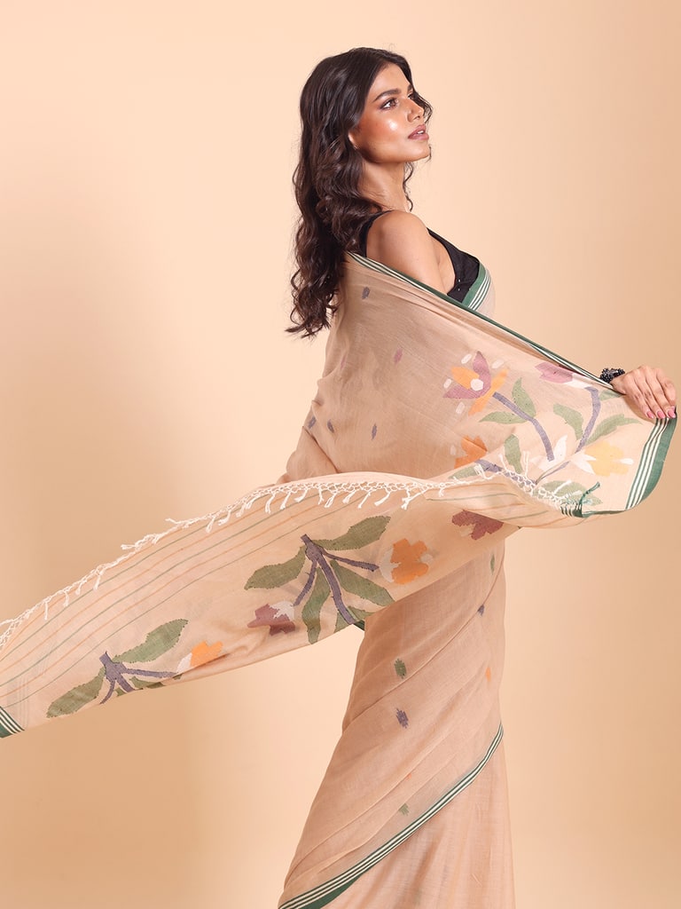 Handloom Malmal Cotton Handwoven Jamdani Saree - Peanut - Thumbnail 3