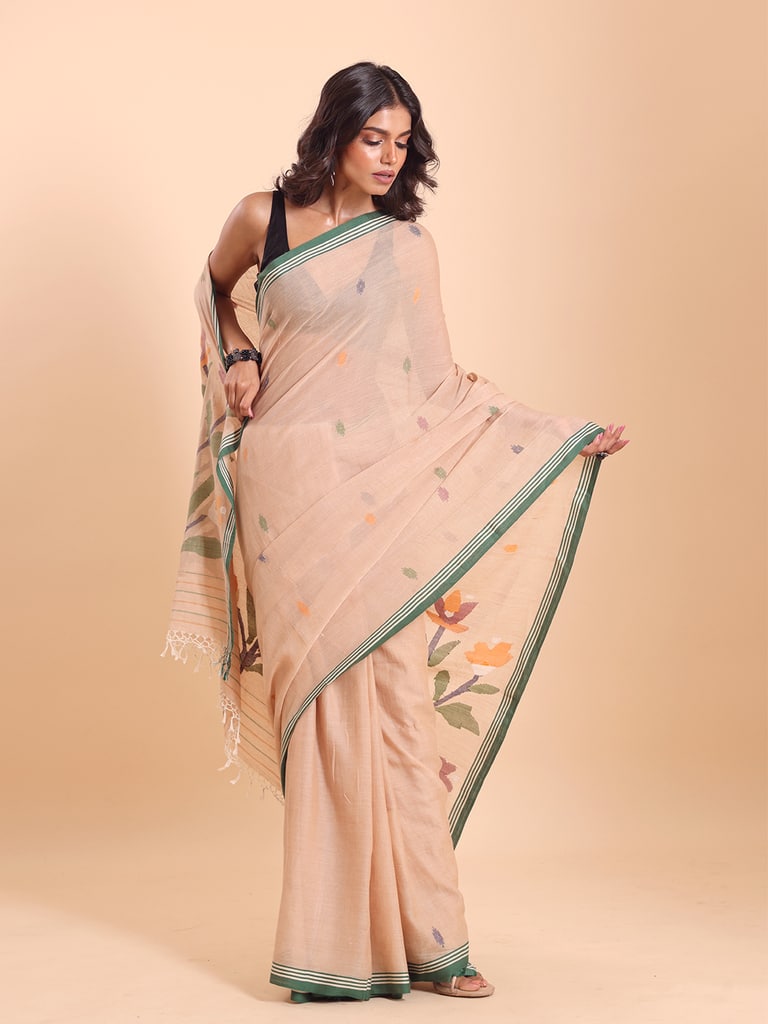 Handloom Malmal Cotton Handwoven Jamdani Saree - Peanut - Thumbnail 4