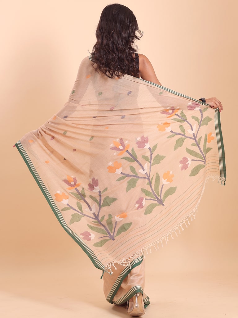 Handloom Malmal Cotton Handwoven Jamdani Saree - Peanut - Thumbnail 5