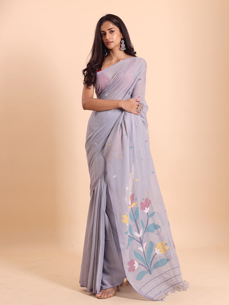 Handloom Malmal Cotton Handwoven Jamdani Saree - Steel Grey - View 1
