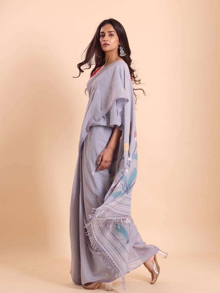 Handloom Malmal Cotton Handwoven Jamdani Saree - Steel Grey - View 2