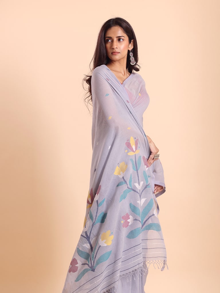 Handloom Malmal Cotton Handwoven Jamdani Saree - Steel Grey - Thumbnail 3