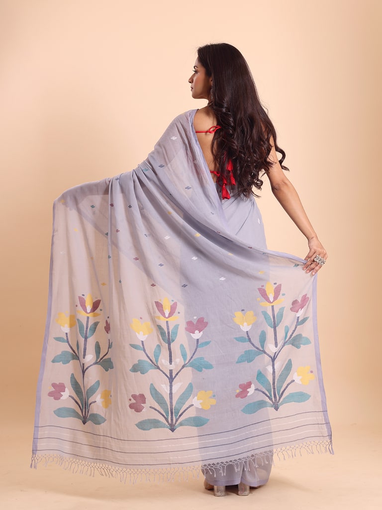 Handloom Malmal Cotton Handwoven Jamdani Saree - Steel Grey - Thumbnail 4