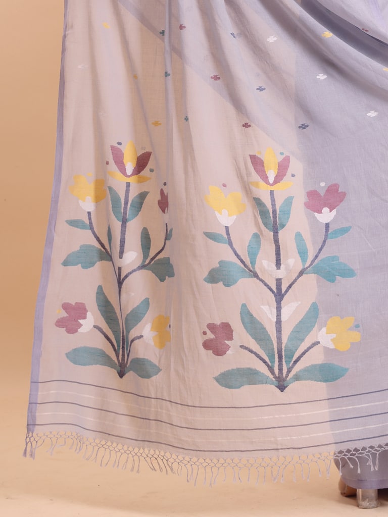 Handloom Malmal Cotton Handwoven Jamdani Saree - Steel Grey - Thumbnail 5